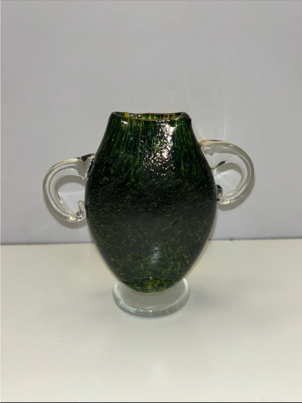 vintage glass vase from Osaka features a dark green, speckled design